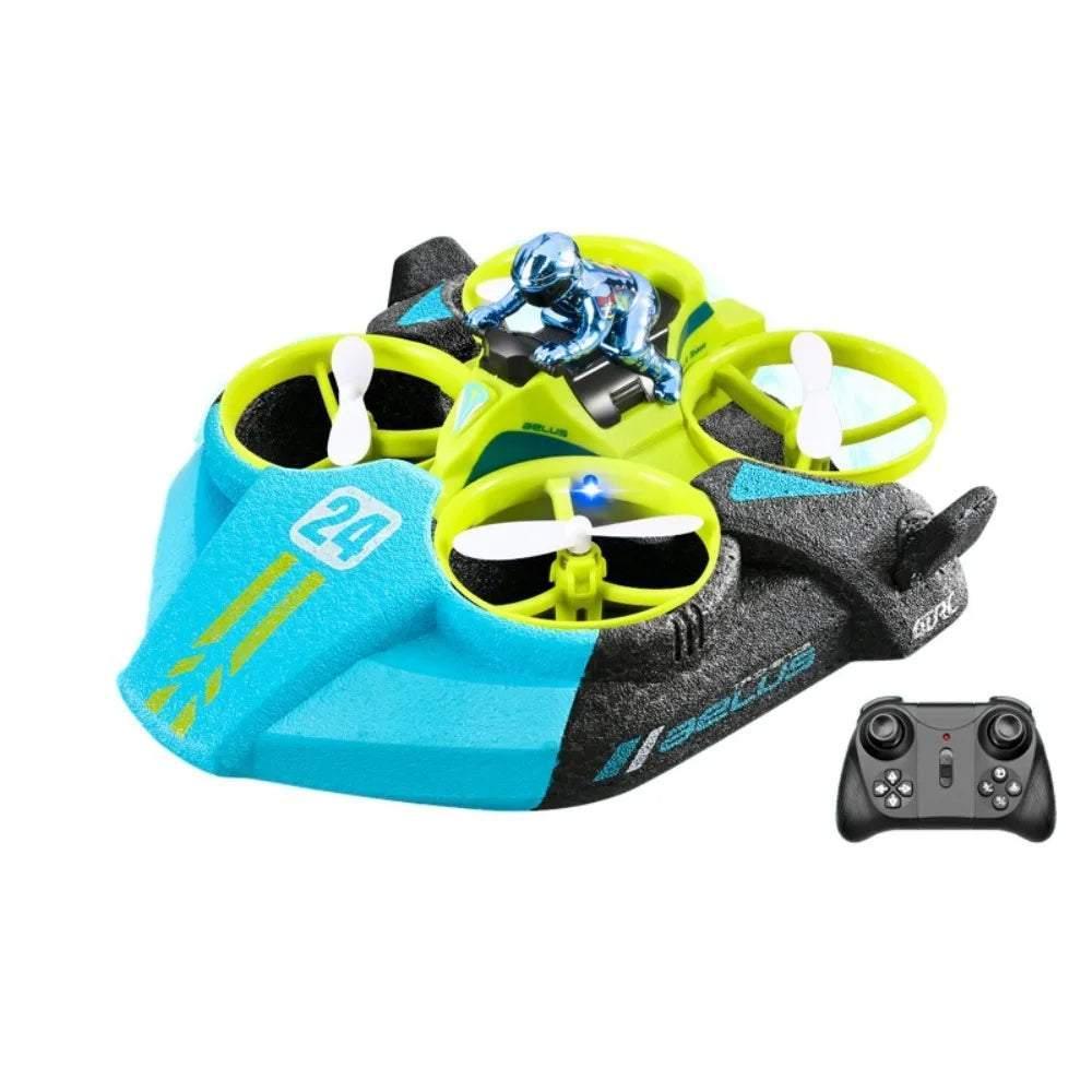 Futuristic blue and neon green mini drone hovercraft with remote control, sporty design