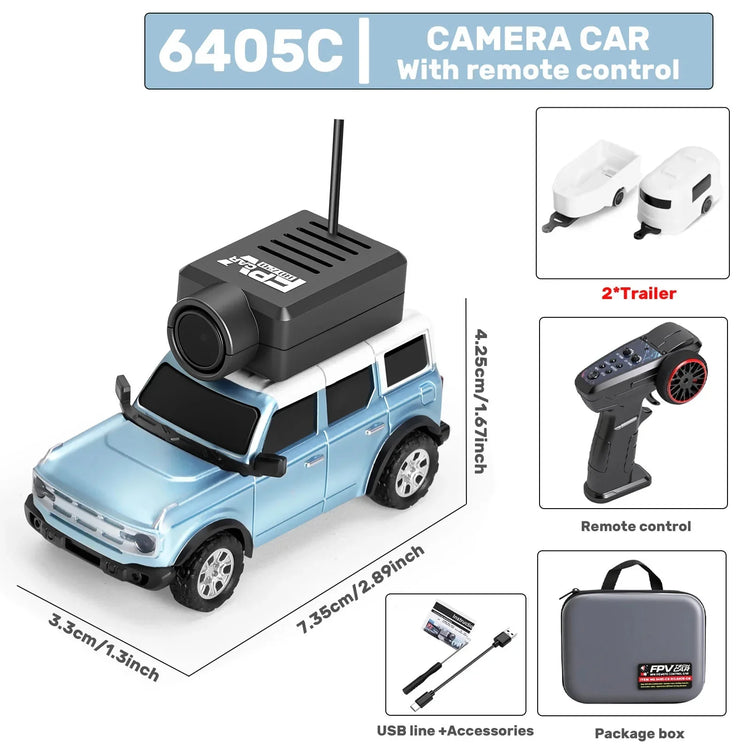 Remote control blue and white toy camera car with trailers, controller, and accessories.