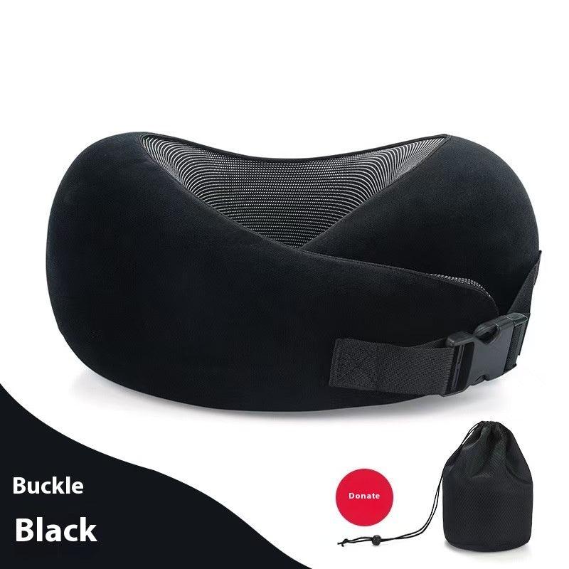 Black memory foam travel neck pillow with mesh lining, adjustable buckle strap, and storage bag