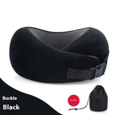 Black memory foam travel neck pillow with mesh lining, adjustable buckle strap, and storage bag