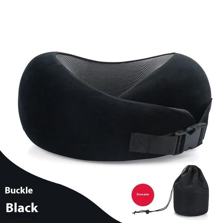 Black memory foam travel neck pillow with mesh lining, adjustable buckle strap, and storage bag