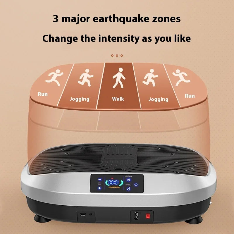 Vibration exercise platform with digital display, black and silver, adjustable intensity settings for running, jogging, and walking.