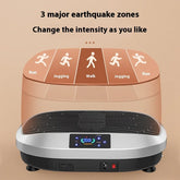 Vibration exercise platform with digital display, black and silver, adjustable intensity settings for running, jogging, and walking.