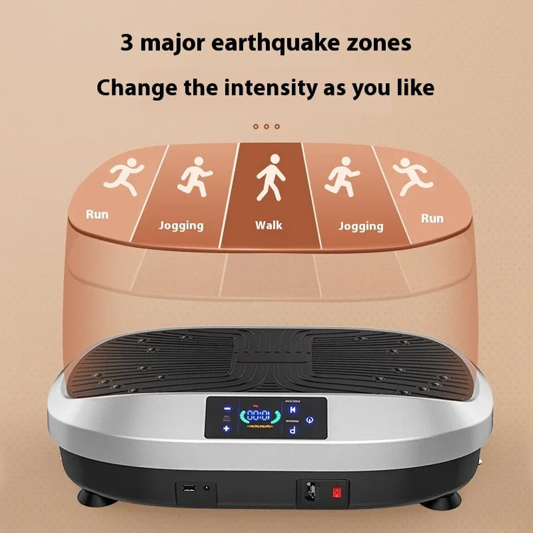 Vibration exercise platform with digital display, black and silver, adjustable intensity settings for running, jogging, and walking.