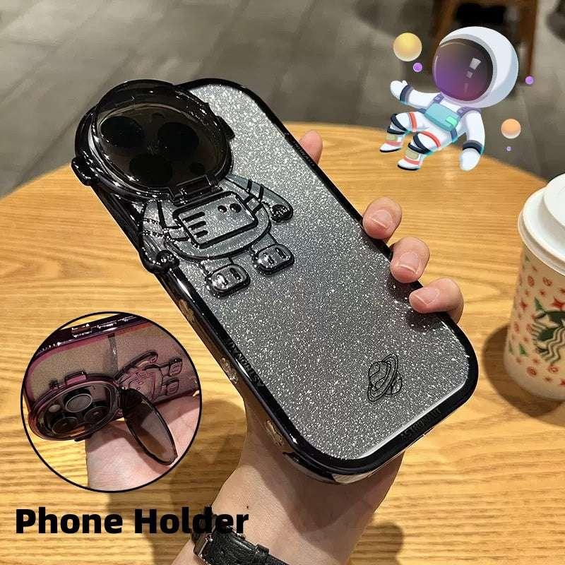 Glittery silver phone case with 3D astronaut design and built-in holder, sleek fit