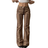 High-waisted brown striped flared pants, fitted, lightweight fabric, streetwear style