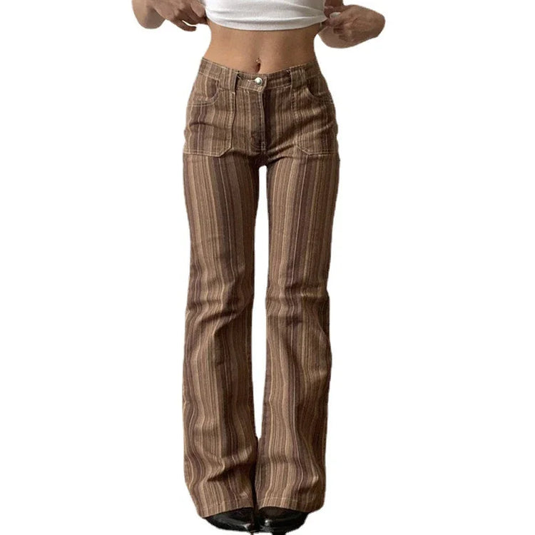 High-waisted brown striped flared pants, fitted, lightweight fabric, streetwear style
