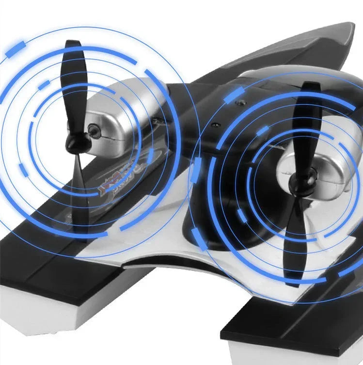 Close-up of a futuristic black and silver drone with propellers and digital effects
