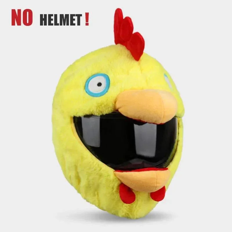 Plush yellow chicken helmet cover with black visor, cartoon details, and soft material.