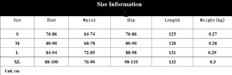 Clothing size chart showing bust, waist, hip measurements, length, and weight for sizes S to XL.