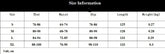 Clothing size chart showing bust, waist, hip measurements, length, and weight for sizes S to XL.