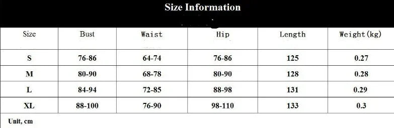Clothing size chart showing bust, waist, hip measurements, length, and weight for sizes S to XL.