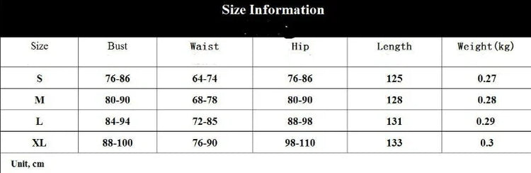 Clothing size chart showing bust, waist, hip measurements, length, and weight for sizes S to XL.