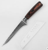 Curved stainless steel knife with patterned blade and dark wood handle, plastic blade guard