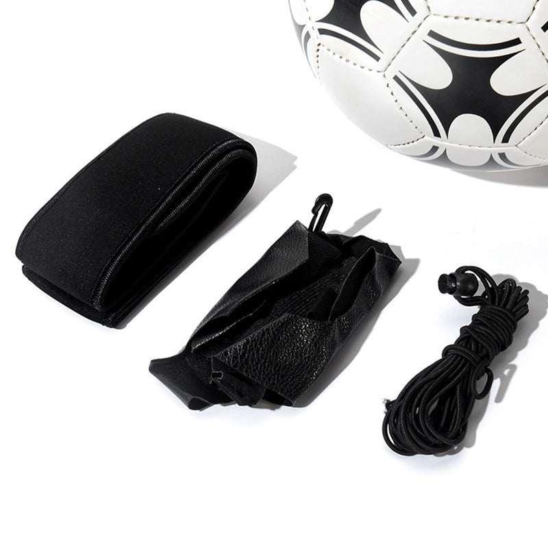 Black adjustable neoprene strap, synthetic leather pouch, and elastic cord with soccer ball