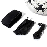 Black adjustable neoprene strap, synthetic leather pouch, and elastic cord with soccer ball