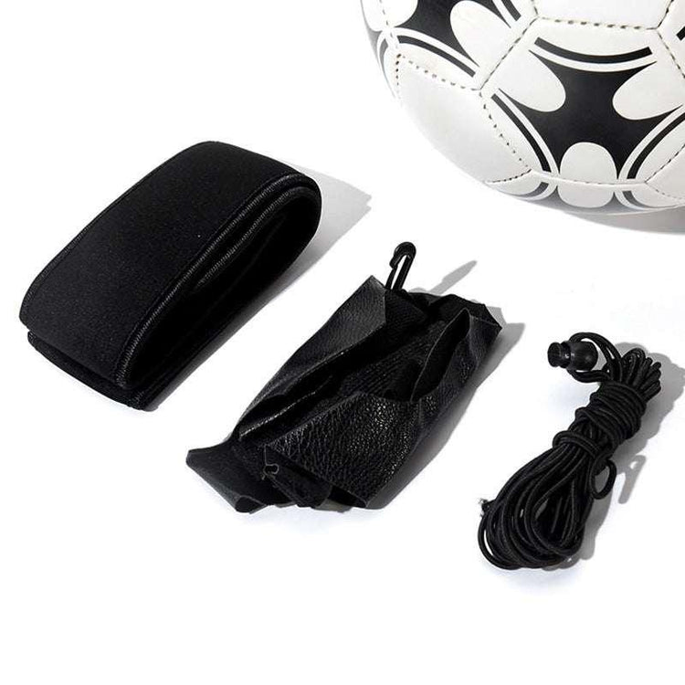 Black adjustable neoprene strap, synthetic leather pouch, and elastic cord with soccer ball