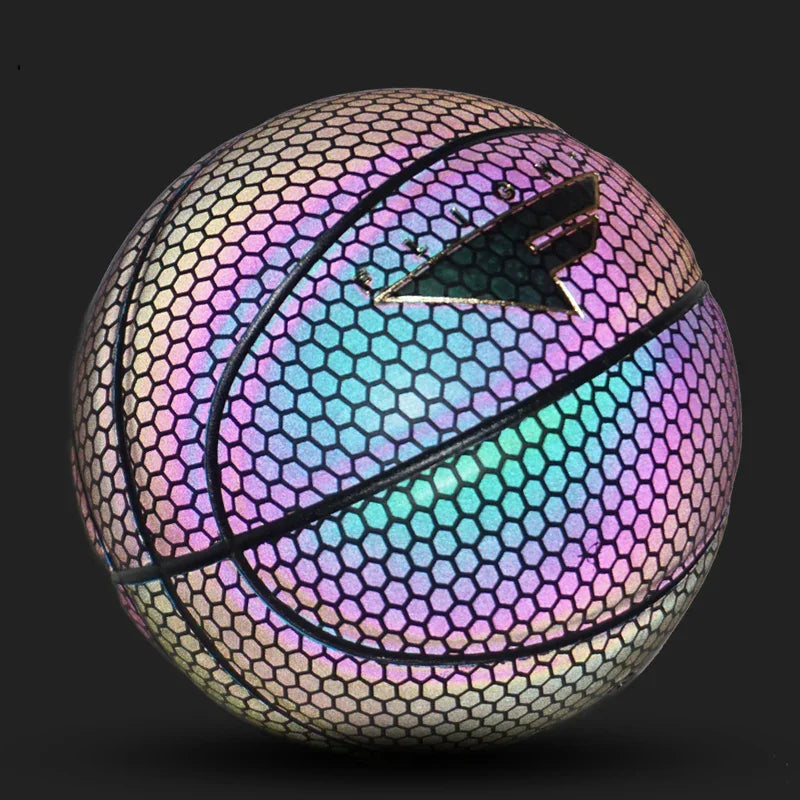 Reflective iridescent basketball with hexagonal texture and futuristic color gradient