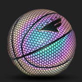 Reflective iridescent basketball with hexagonal texture and futuristic color gradient
