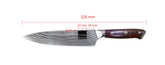 Damascus steel chef knife with 326mm length, wooden handle, and blade dimension labels