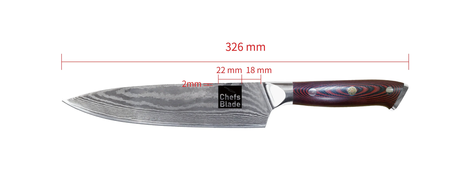 Damascus steel chef knife with 326mm length, wooden handle, and blade dimension labels