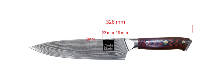 Damascus steel chef knife with 326mm length, wooden handle, and blade dimension labels