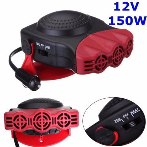 12V compact portable car heater and fan, black and red plastic, dashboard mount, adjustable switch