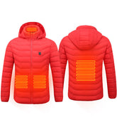 Red heated jacket coat with USB electric heating panels on chest, back, and neck, hooded insulated thermal coat for men winter outdoor wear