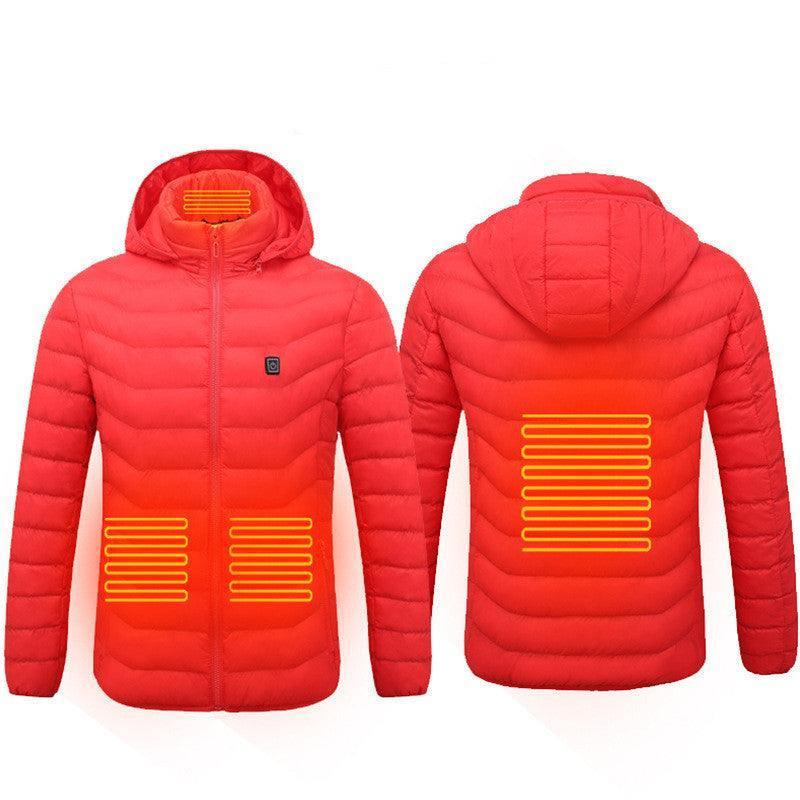 Red heated puffer jacket with hood, quilted design, slim fit, and visible heating zones