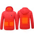 Red heated jacket coat with USB electric heating panels on chest, back, and neck, hooded insulated thermal coat for men winter outdoor wear