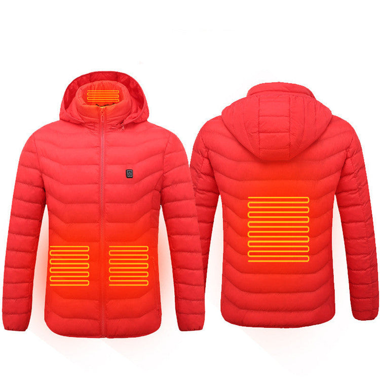 Red heated jacket coat with USB electric heating panels on chest, back, and neck, hooded insulated thermal coat for men winter outdoor wear