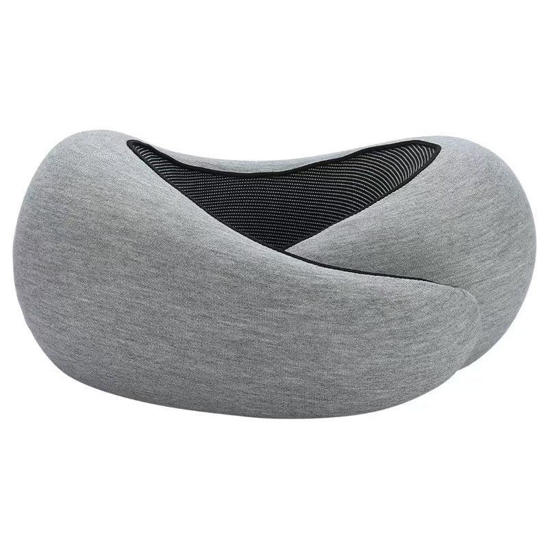 Modern ergonomic travel pillow in light grey fabric with black mesh insert