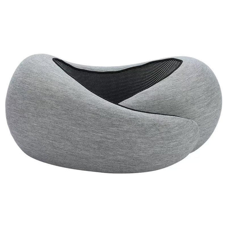 Modern ergonomic travel pillow in light grey fabric with black mesh insert