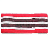 Red, black, and white striped knit headband with stretchy, snug fit.