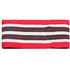 Red, black, and white striped knit headband with stretchy, snug fit.