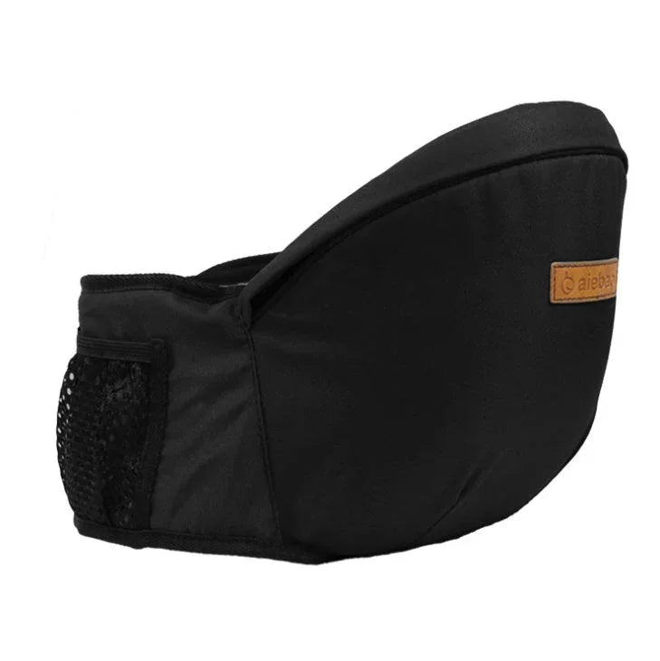 Black fabric hip seat carrier with mesh pocket and adjustable fit, minimalist design