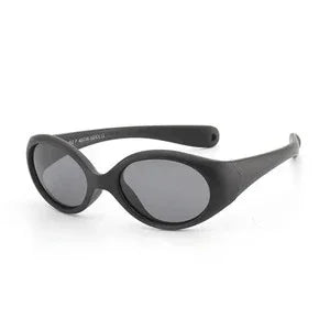 Futuristic black oval sunglasses with thick plastic frame and tinted lenses