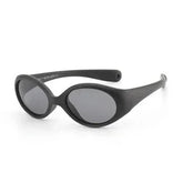 Futuristic black oval sunglasses with thick plastic frame and tinted lenses