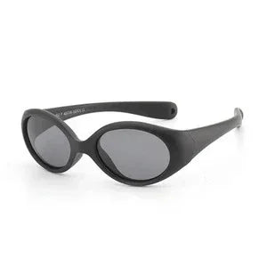 Futuristic black oval sunglasses with thick plastic frame and tinted lenses