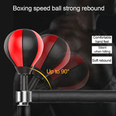 Black and red boxing speed ball with spring mount, strong rebound, soft material, ergonomic design.