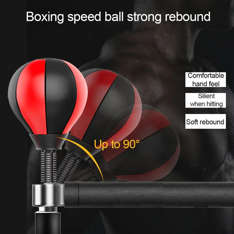 Black and red boxing speed ball with spring mount, strong rebound, soft material, ergonomic design.