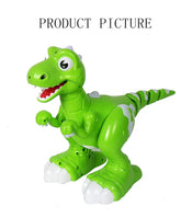 Green plastic dinosaur toy with white accents and movable limbs on white background