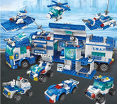Blue and white police SWAT building block vehicles and helicopter toy set on city background