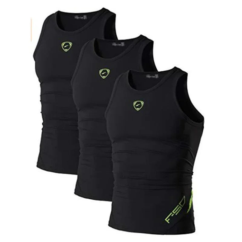 Set of three black sleeveless compression tank tops with neon green logo, slim fit