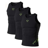 Set of three black sleeveless compression tank tops with neon green logo, slim fit