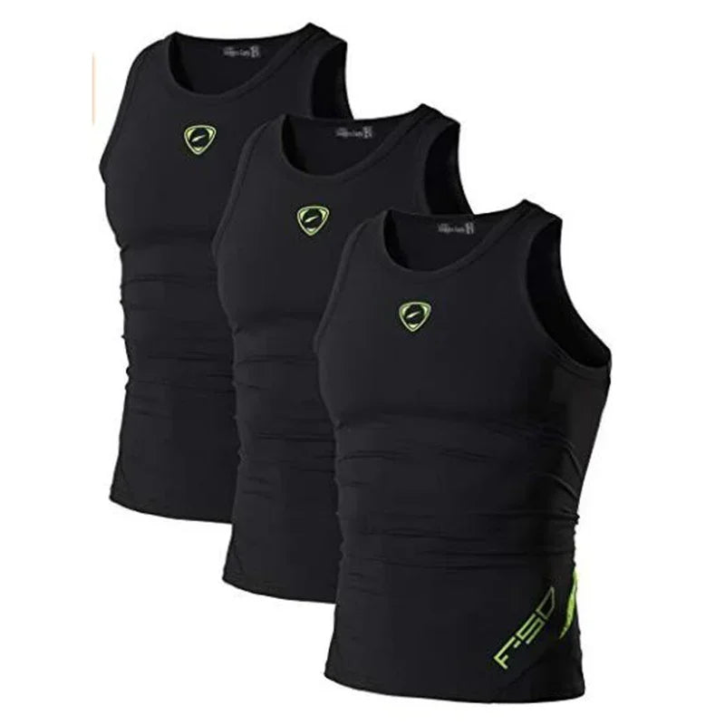 Set of three black sleeveless compression tank tops with neon green logo, slim fit
