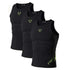 Set of three black sleeveless compression tank tops with neon green logo, slim fit