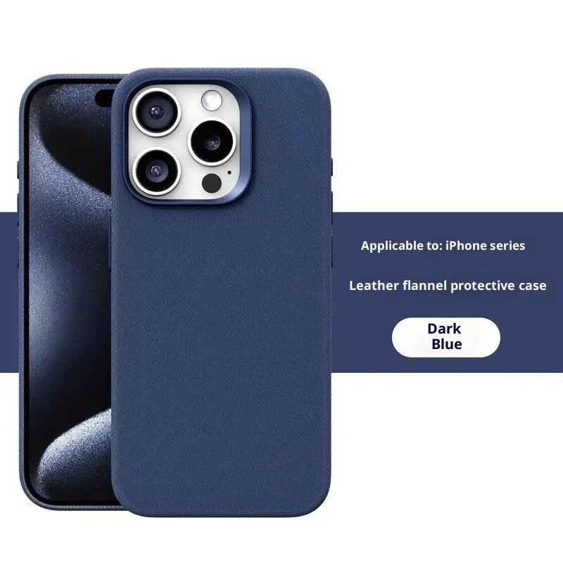 Dark blue leather flannel iPhone case with soft textured finish, slim protective fit