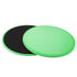 Pair of round green and black dual-sided fabric exercise sliders on white background