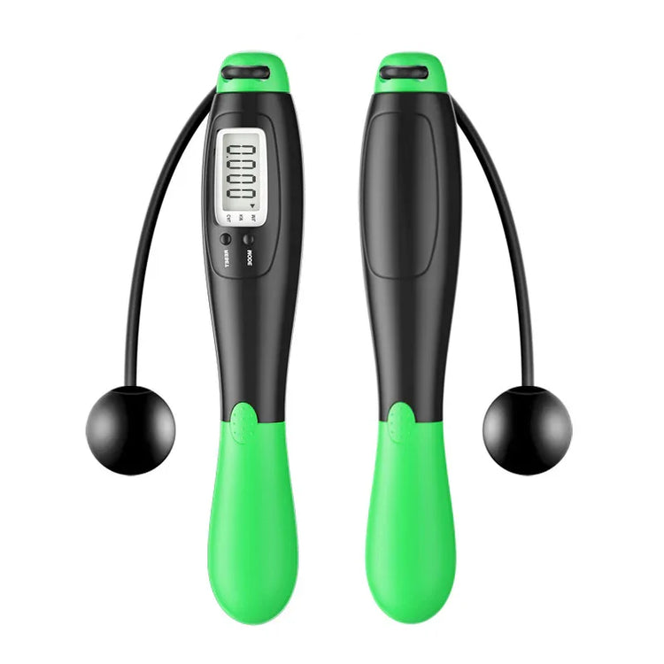 Green and black cordless jump rope with digital counter and ergonomic handles